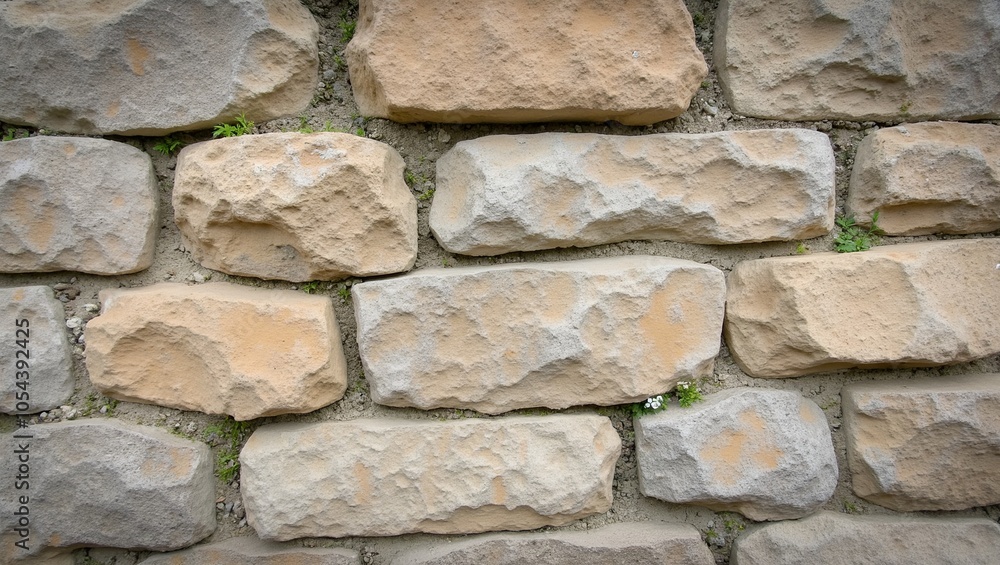Old limestone wall with moss  lichen aged  weathered hinting at history