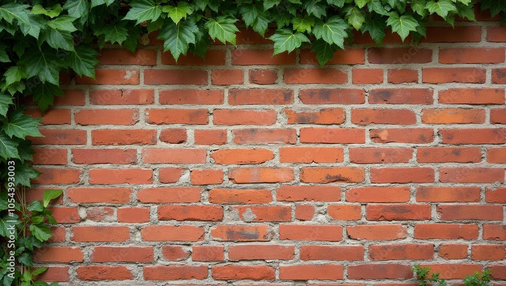 Weathered red brick wall with climbing ivy Weathered red brick wall with climbing ivy