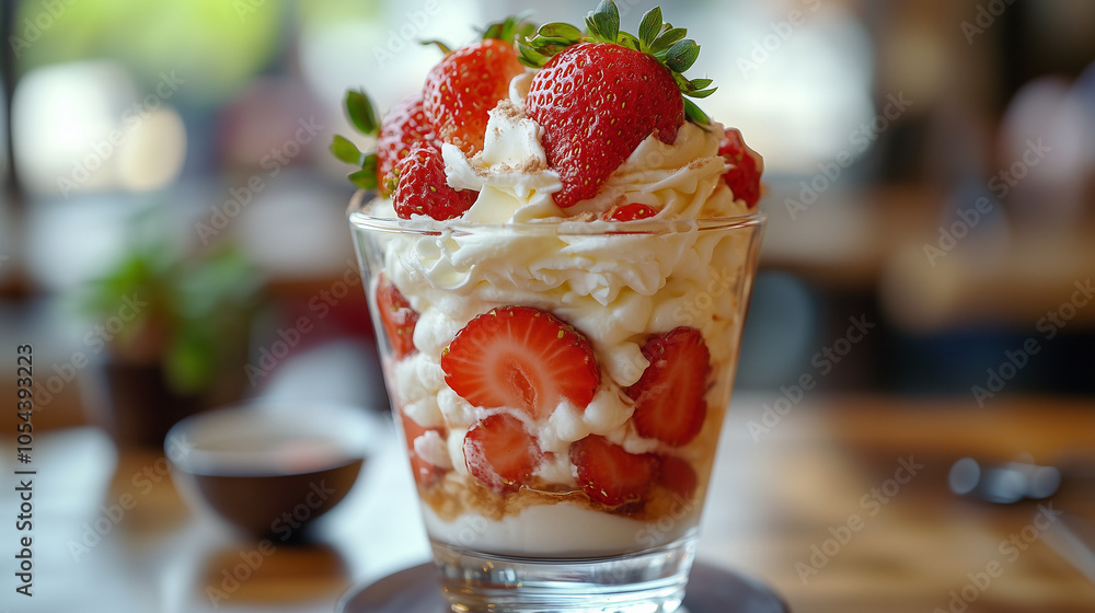 Sponge cake dessert with strawberries and whipped cream served in a glass cup Sponge cake dessert with strawberries and whipped cream served in a glass cup