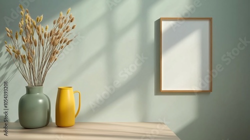 White Frame with Shadow on Light Gray Wall: A sleek white frame on a pale gray wall with soft shadows cast by side lighting, giving a refined and dimensional effect. photo