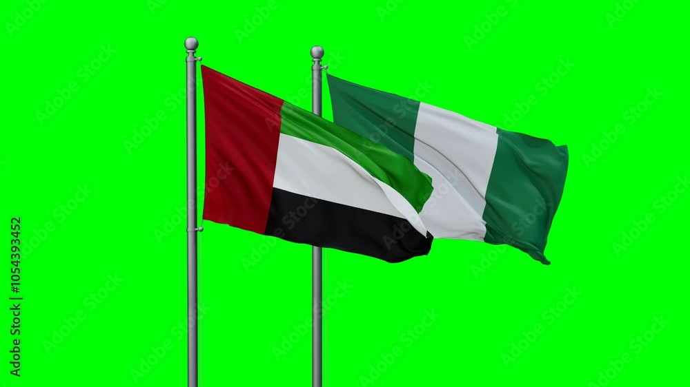 Nigeria and United Arab Emirates flags flying together, video concept of the relationship with colored chroma key for easy background remove