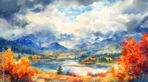 Watercolor painting of mountain landscape with beautiful cloudy sky in fall. autumn season. Oil on Canvas. Illustration