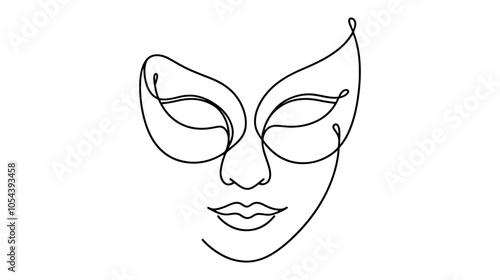 One continuous line illustration of a woman's masquerade mask, isolated on white background.