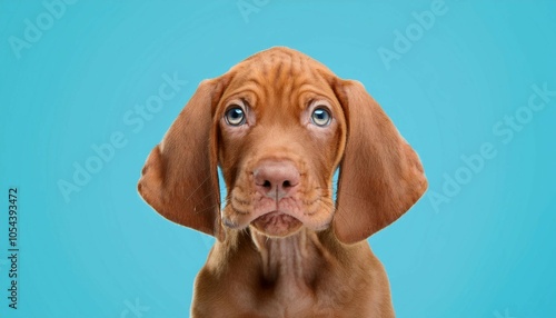 funny and confused vizsla puppy dog looking at camera isolated on blue pastel background