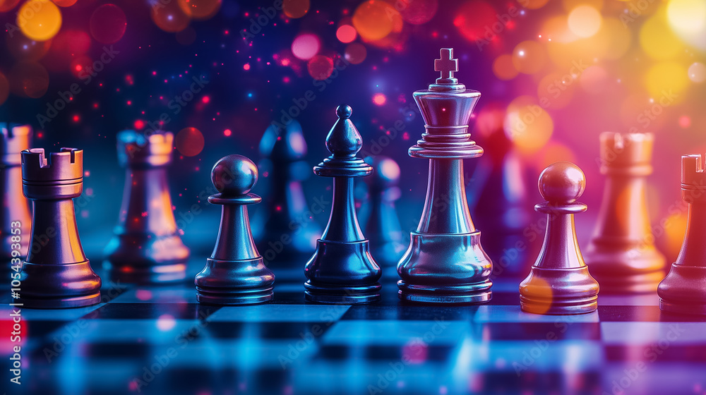 Chess pieces await on the board, showcasing vibrant colors and strategic placements amid the game Chess pieces await on the board, showcasing vibrant colors and strategic placements amid the game
