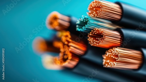 This image showcases a close-up view of copper and fiber optic cables, emphasizing their intricate structure and unique texture against a blue background. photo