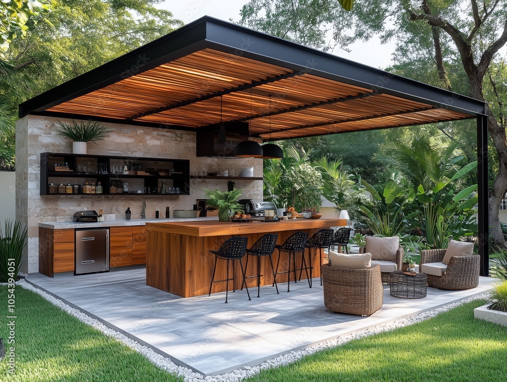 Naklejka premium Modern outdoor kitchen with bar counter and pergola