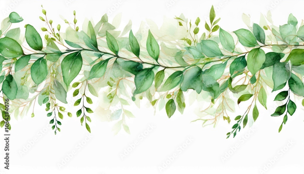 green decorative border with abstract hanging branches and delicate leaves watercolor isolated floral illustration for invitation or greeting cards wallpapers or banner