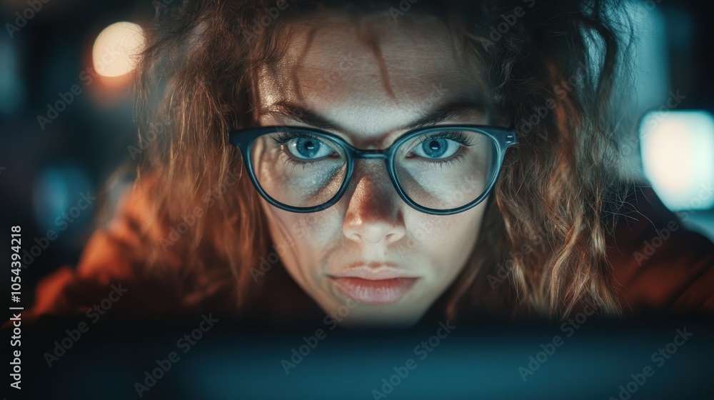 A woman with glasses and curly hair intensely watches a computer screen in a dimly lit setting, representing focus, data analysis, and a technological environment. A woman with glasses and curly hair intensely watches a computer screen in a dimly lit setting, representing focus, data analysis, and a technological environment.