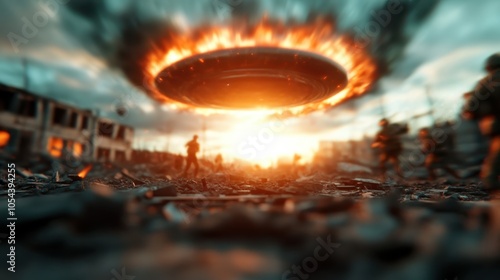 In a post-apocalyptic scene, a UFO hovers over a city as armed figures move through debris, creating an intense and ominous atmosphere of destruction and mystery.