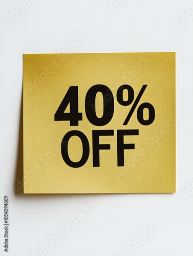 Black '40% OFF' Text on a Gold Square Paper Note. White Background 