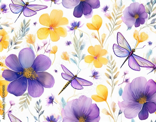 Wallpaper Mural minimalistic floral pattern with small flowers petals flying butterfly and dragonfly wildlife watercolor print seamless pattern purple and yellow colors delicate illustration on white background Torontodigital.ca