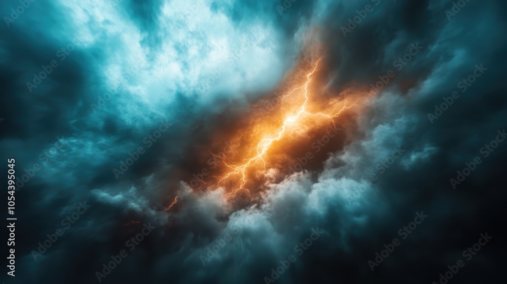 A visually captivating image showcasing dramatic storm clouds and a vivid orange lightning streak, representing the dynamic energy and beauty of thunderstorms. A visually captivating image showcasing dramatic storm clouds and a vivid orange lightning streak, representing the dynamic energy and beauty of thunderstorms.