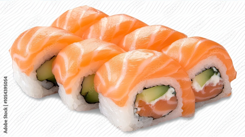 Artful presentation of salmon sushi held gracefully by chopsticks against a pristine white backdrop, captured in stunning detail Artful presentation of salmon sushi held gracefully by chopsticks against a pristine white backdrop, captured in stunning detail