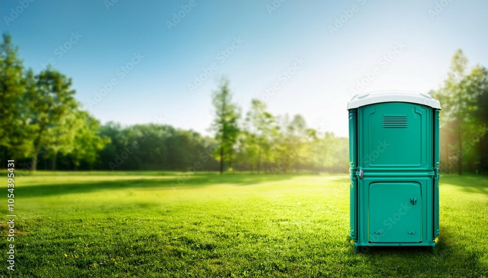 portable chemical toilet in the summer park background with copy space portable chemical toilet in the summer park background with copy space