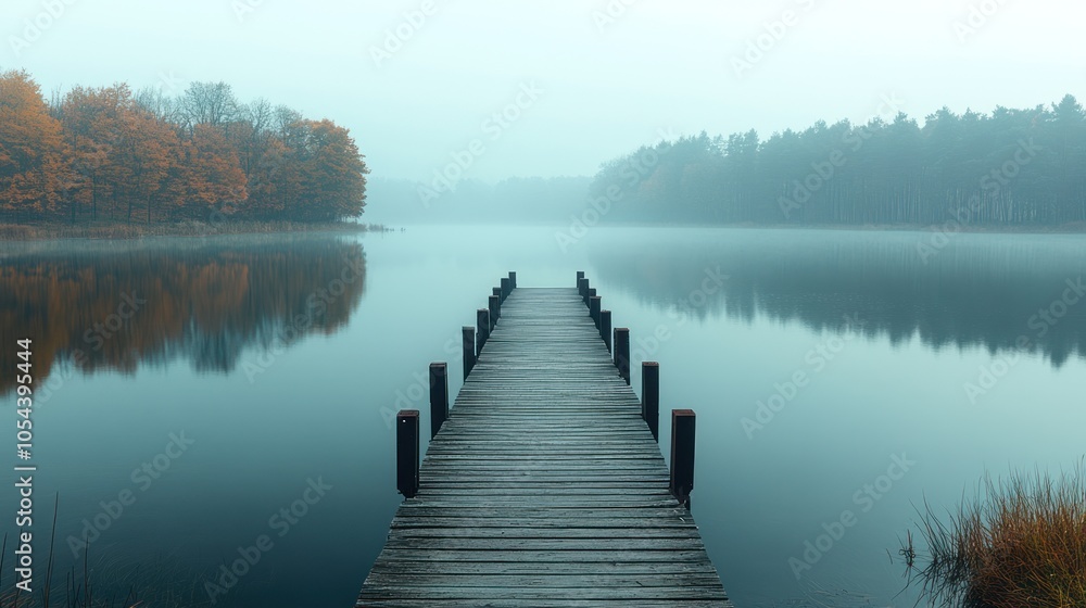 Foggy Lake with Wooden Dock Extending into the Mist Foggy Lake with Wooden Dock Extending into the Mist