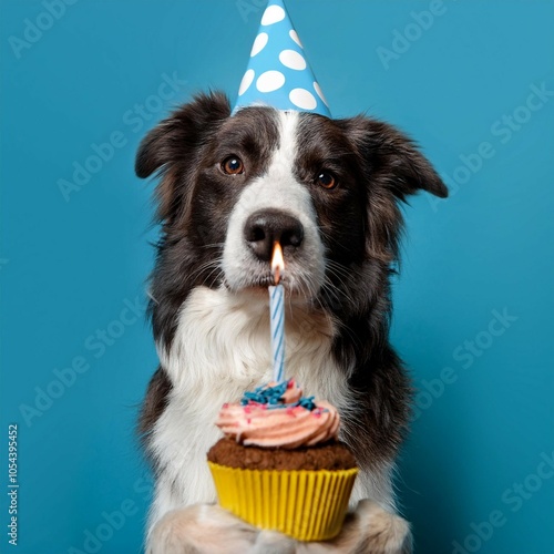 portrait border collie dog celerbating birthday or anniversary with a colorful cup cake isolated on blue pastel background photo