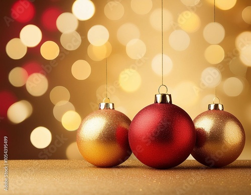 red and gold christmas balls on golden bokeh background