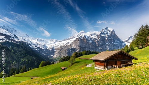 schone schweizer landschaft mit almhutte im fruhling