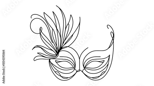 One continuous line illustration of a woman's masquerade mask, isolated on white background.