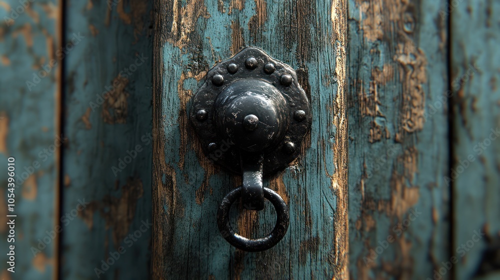 Fototapeta premium Black Metal Ring Door Handle on Weathered Wooden Door