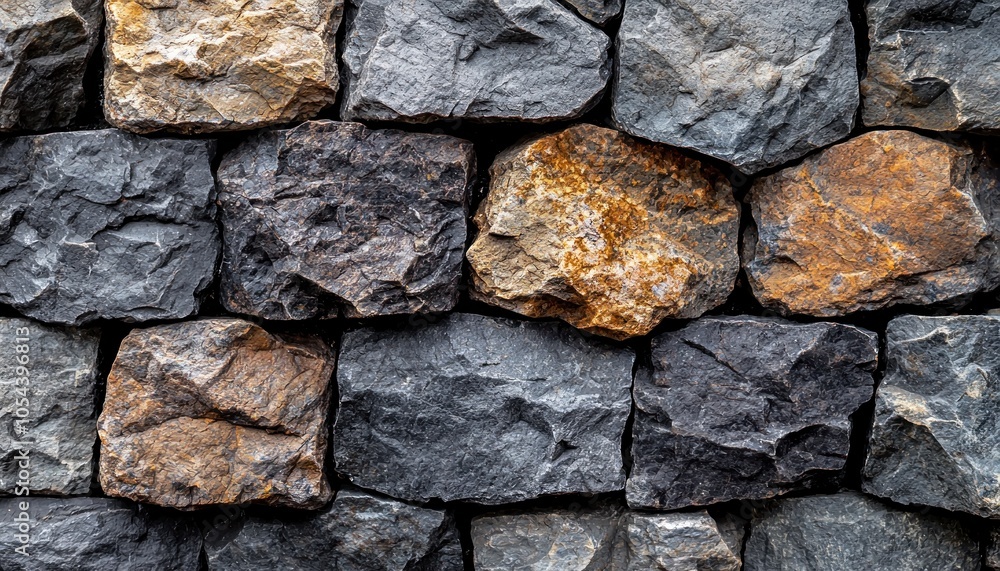 Close-up of a textured stone wall with variations of gray, brown, and black Close-up of a textured stone wall with variations of gray, brown, and black