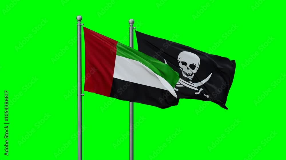 United Arab Emirates and Corsair flags flying together, video concept of the relationship with colored chroma key for easy background remove United Arab Emirates and Corsair flags flying together, video concept of the relationship with colored chroma key for easy background remove