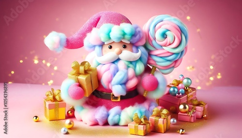 Cotton Candy Santa and Golden Gifts,vibrant Santa made of pastel cotton candy holding gold wrapped presents,generative ai