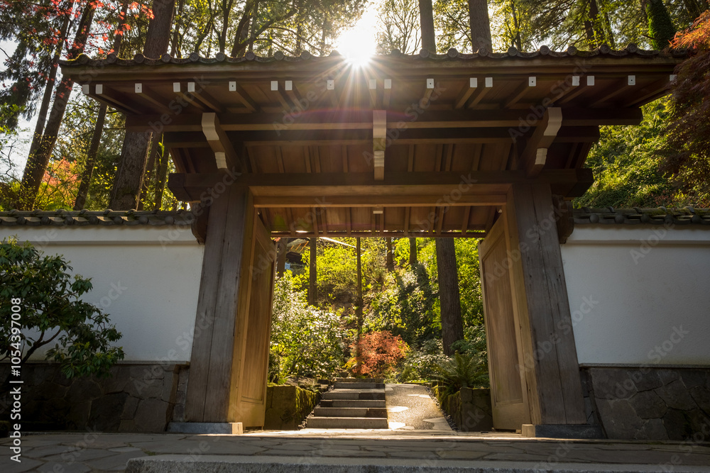 Sunlight Through Traditional Japanese Gate Leading into Lush Garden Sunlight Through Traditional Japanese Gate Leading into Lush Garden