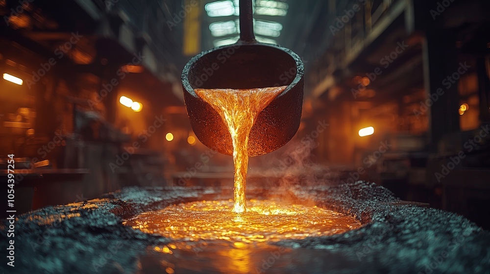 Molten metal being poured into a mold in an industrial foundry setting. Molten metal being poured into a mold in an industrial foundry setting.
