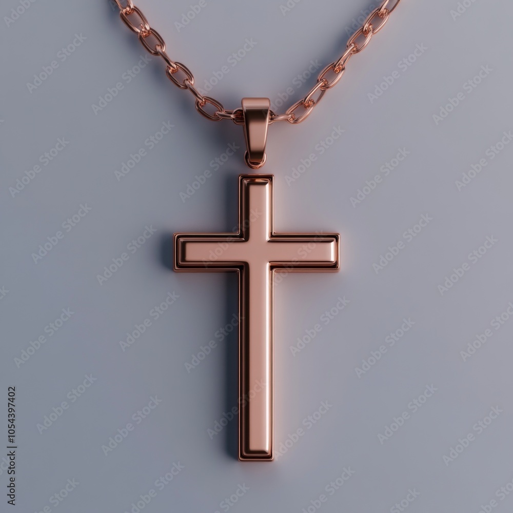 A shiny rose gold cross pendant on a chain, symbolizing faith and spirituality. A shiny rose gold cross pendant on a chain, symbolizing faith and spirituality.