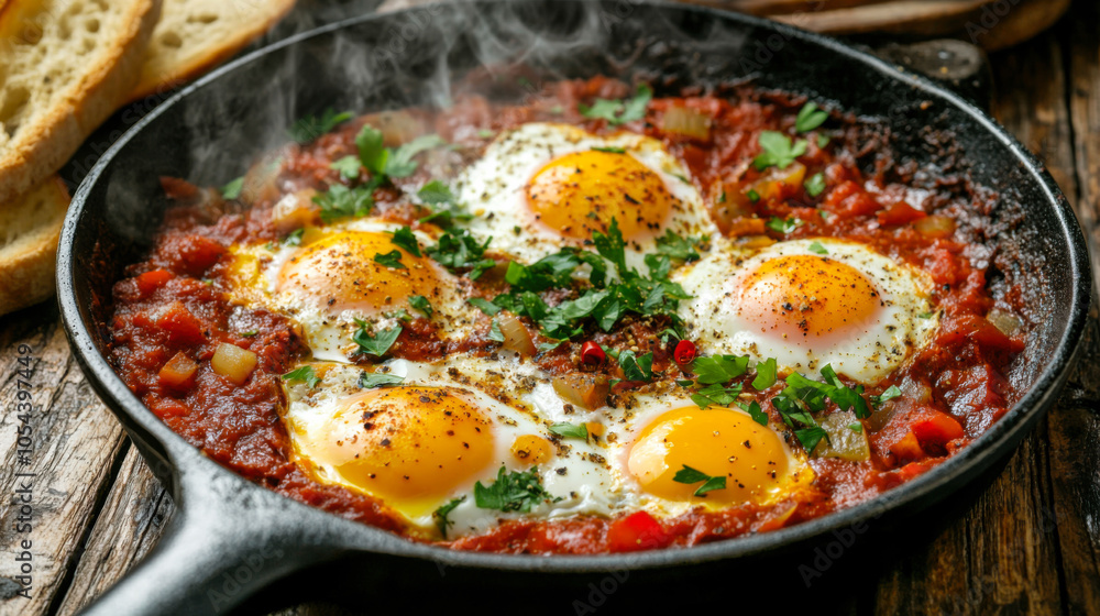 Savory skillet dish featuring three eggs nestled in a spicy tomato mixture with diced vegetables, served with toasted bread Savory skillet dish featuring three eggs nestled in a spicy tomato mixture with diced vegetables, served with toasted bread