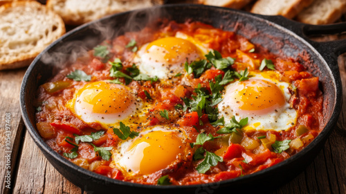 Savory skillet dish featuring three eggs nestled in a spicy tomato mixture with diced vegetables, served with toasted bread