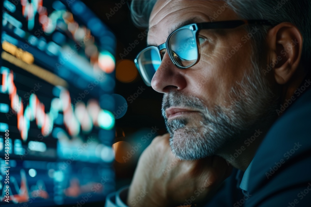 A thoughtful professional analyzing stock market trends in a dimly lit office during nighttime A thoughtful professional analyzing stock market trends in a dimly lit office during nighttime