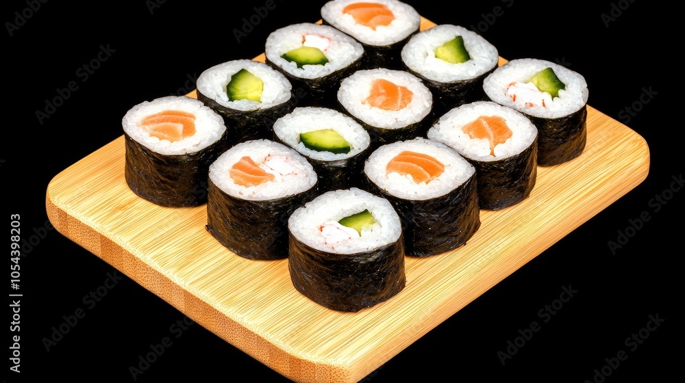 Delicious sushi set featuring fresh salmon, avocado, and tuna rolls presented on a wooden board against a dark backdrop Delicious sushi set featuring fresh salmon, avocado, and tuna rolls presented on a wooden board against a dark backdrop