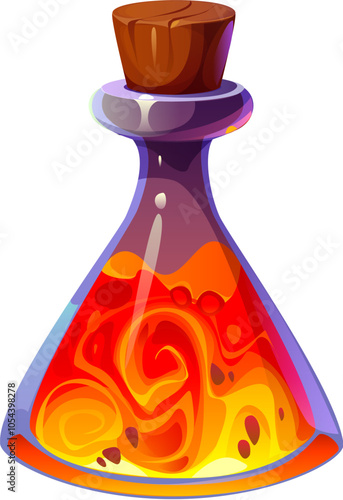 Potion bottle with fire, witch magic Halloween elixir or poison. Vector crystal or glass flask with flames, blaze and sparkles. Fiery spellbinding brew. Cartoon isolated alchemy witchcraft liquid