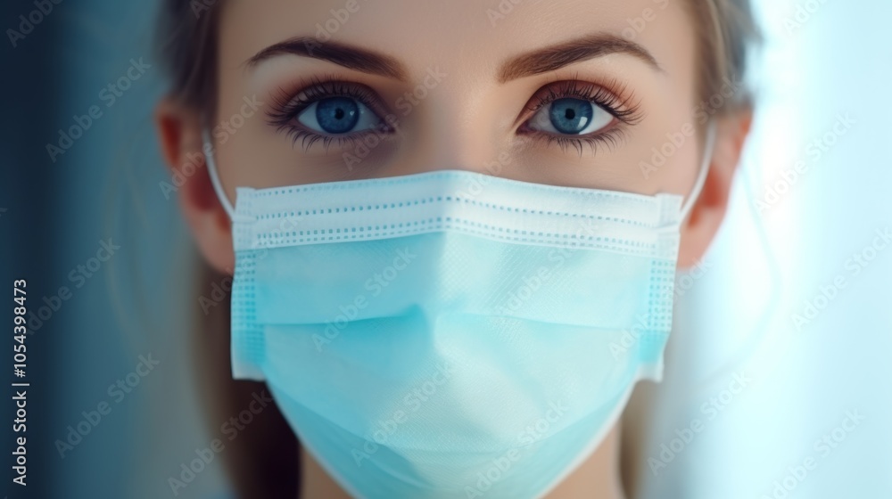 Close-up portrait of a young woman wearing a medical mask, showcasing her striking blue eyes in a softly lit indoor setting Close-up portrait of a young woman wearing a medical mask, showcasing her striking blue eyes in a softly lit indoor setting