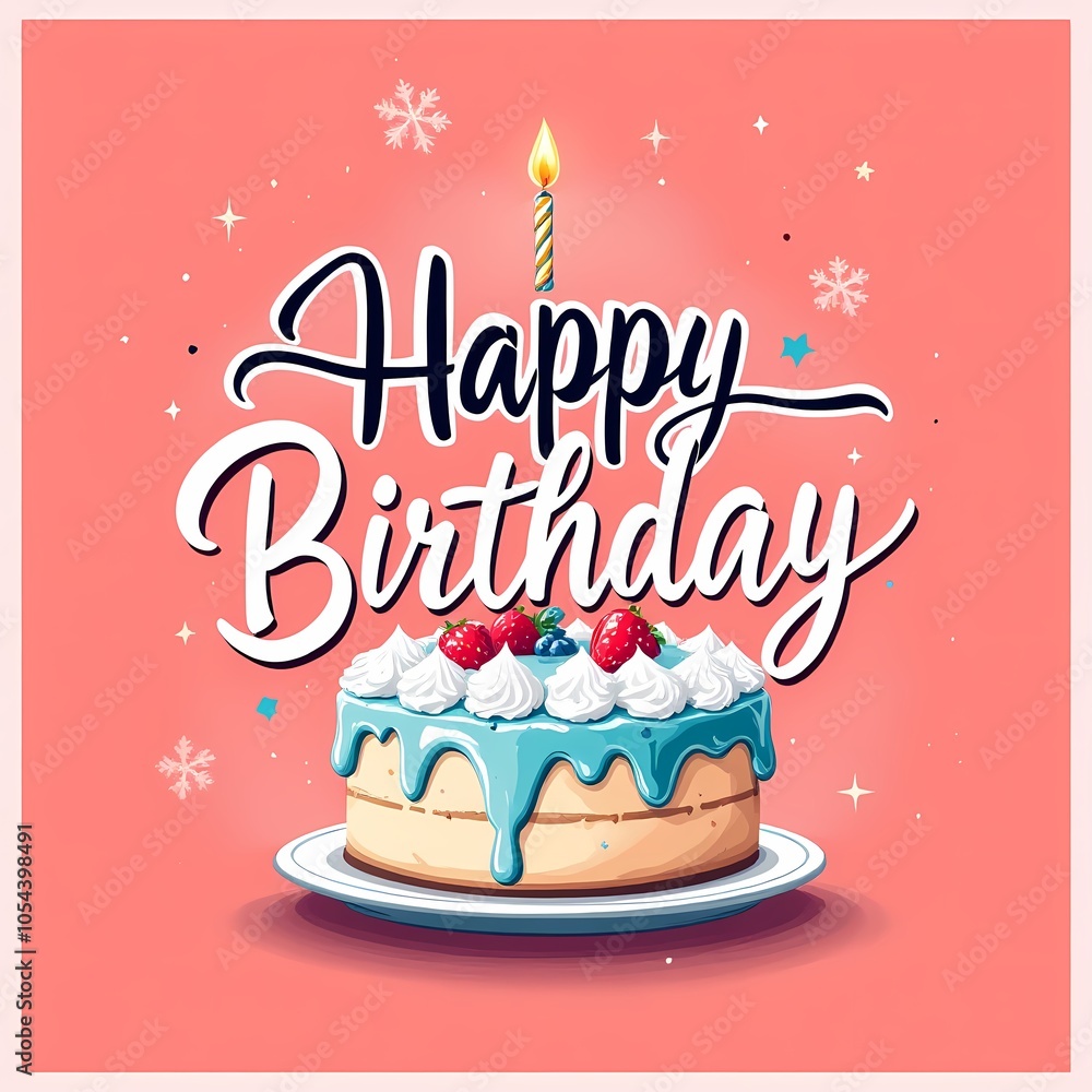 happy birthday typography design with cake for greeting card