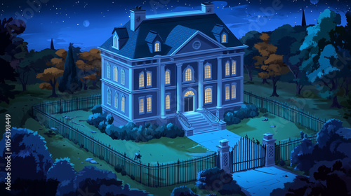 Haunted mansion exterior with boarded windows, creaky gate, illustration art photo