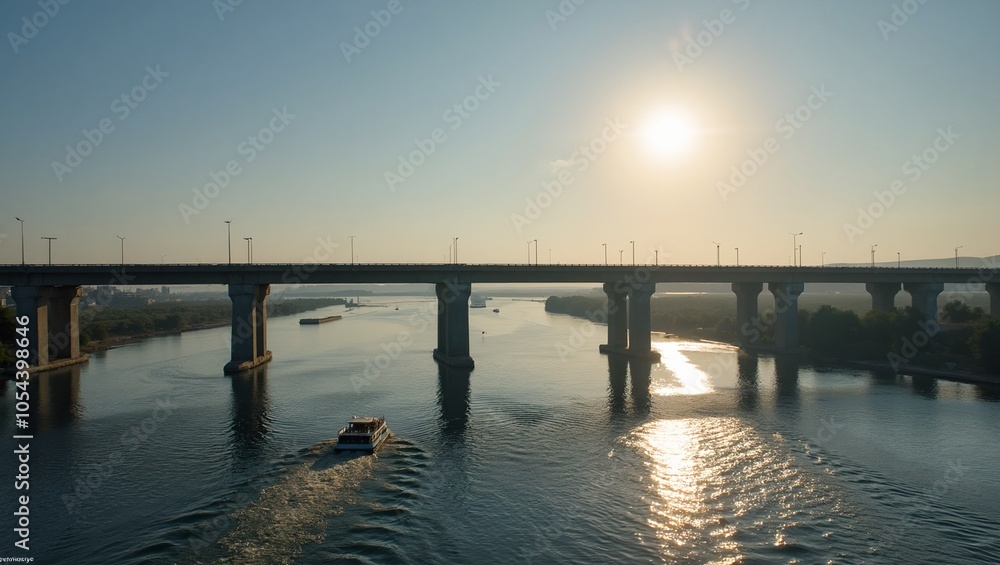Majestic highway bridge over river with passing boats and long shadow in sun Majestic highway bridge over river with passing boats and long shadow in sun