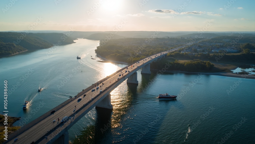 Majestic highway bridge over river with passing boats and long shadow in sun Majestic highway bridge over river with passing boats and long shadow in sun