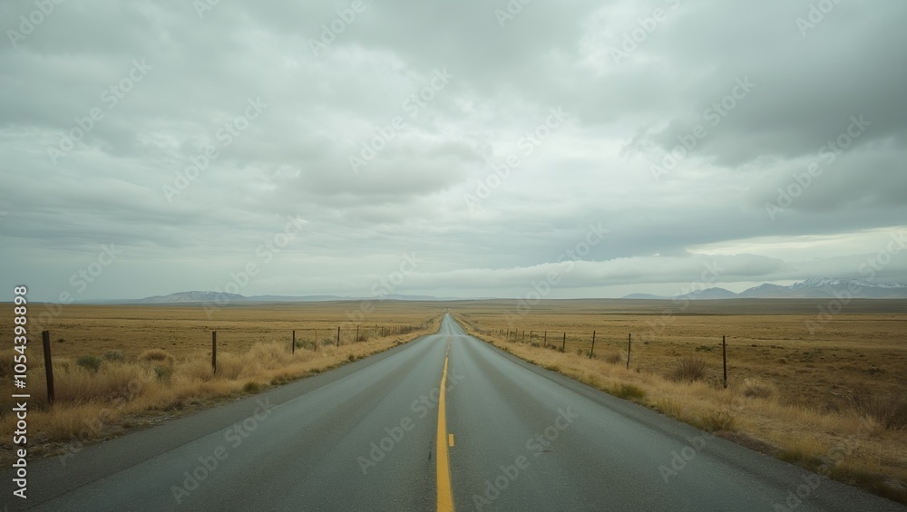 Naklejka premium Tranquil road through endless plain under cloudy sky