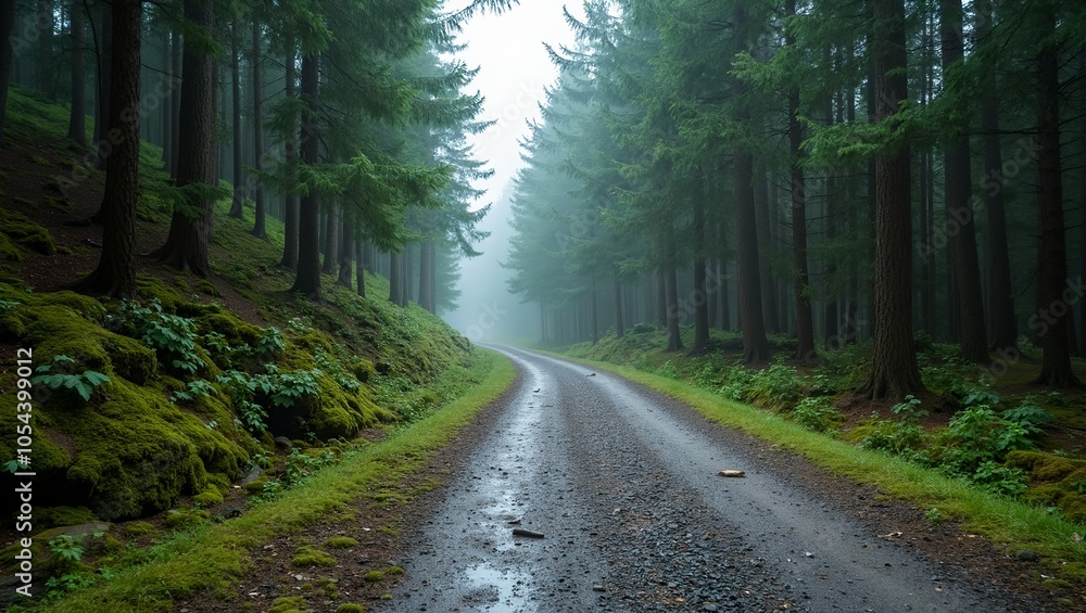 Fototapeta premium Serene mountain road with misty pine forest and moss covered rocks