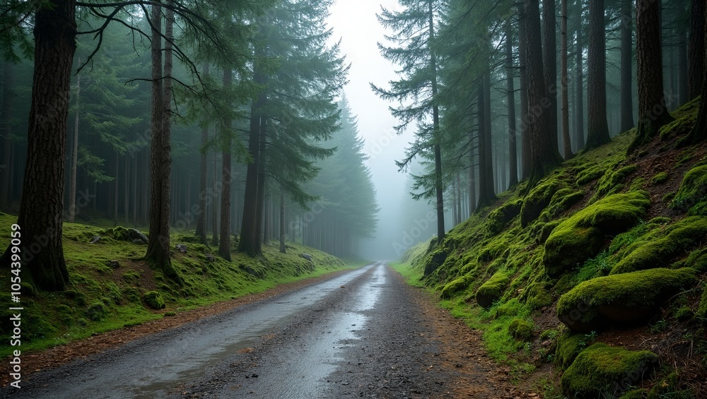Fototapeta premium Serene mountain road with misty pine forest and moss covered rocks