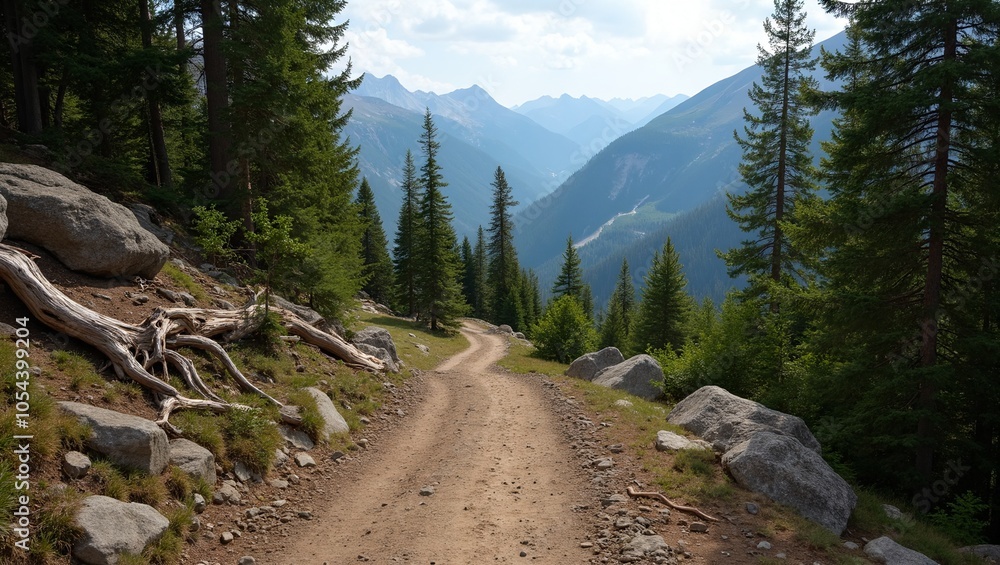 Remote mountain cabin along rocky trail surrounded by lush forest and panoramic views Remote mountain cabin along rocky trail surrounded by lush forest and panoramic views