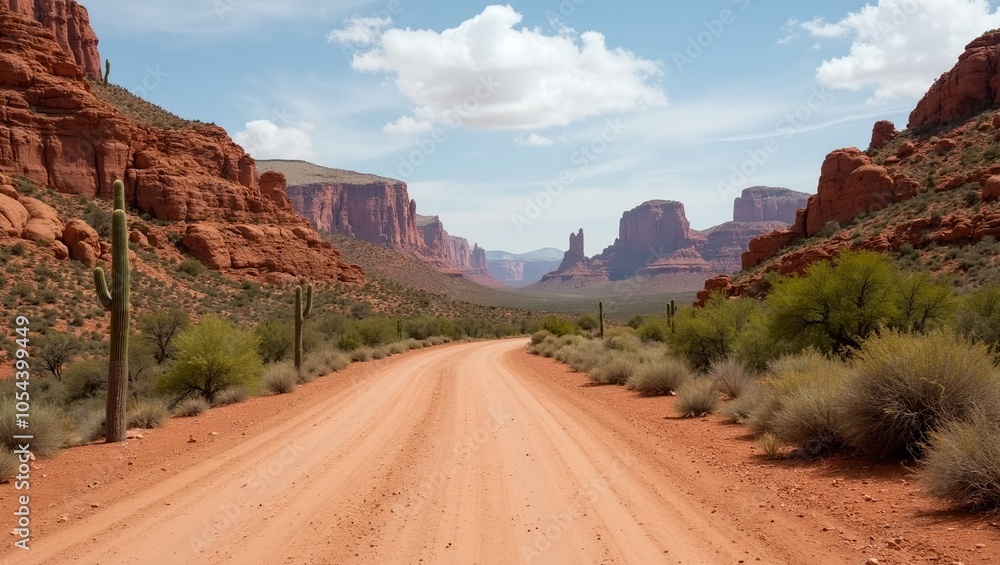 Fototapeta premium Scenic desert road with cacti rocky cliffs and clear blue sky