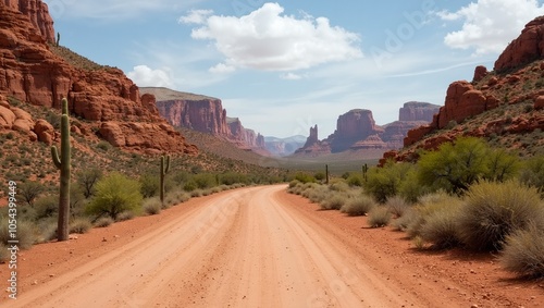 Scenic desert road with cacti rocky cliffs and clear blue sky