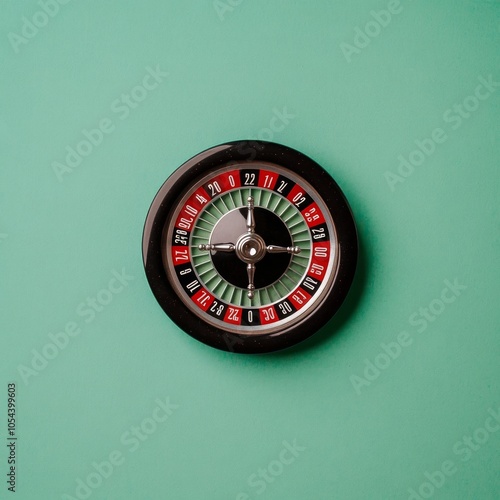 A roulette wheel set against a teal background, symbolizing gambling and chance.