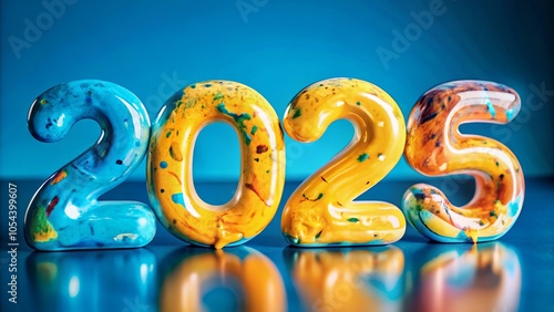 3D "2025" Text in Vibrant Watercolor Style on a White Background.