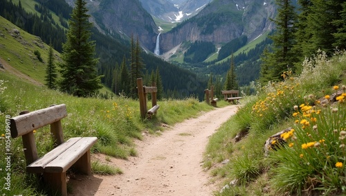 Wallpaper Mural Tranquil hiking trail with alpine plants wooden benches and distant waterfall view Torontodigital.ca